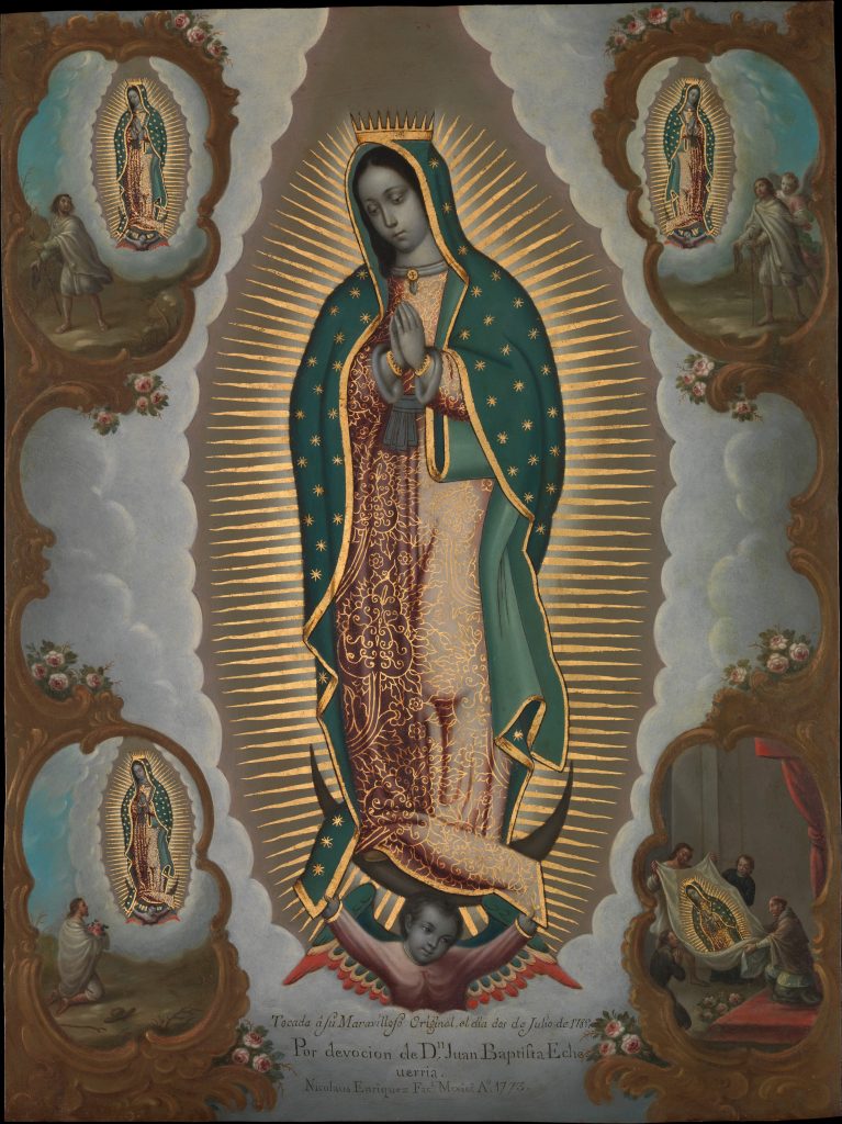 Nicolás Enríquez (Mexican, 1704–1790) The Virgin of Guadalupe with the Four Apparitions, 1773 Mexican, Oil on copper; 22 1/4 × 16 1/2 in. (56.5 × 41.9 cm) Framed: 25 1/4 × 19 7/8 × 1 3/8 in. (64.1 × 50.5 × 3.5 cm) The Metropolitan Museum of Art, New York, Purchase, Louis V. Bell, Harris Brisbane Dick, Fletcher, and Rogers Funds and Joseph Pulitzer Bequest and several members of The Chairman's Council Gifts, 2014 (2014.173) http://www.metmuseum.org/Collections/search-the-collections/635401